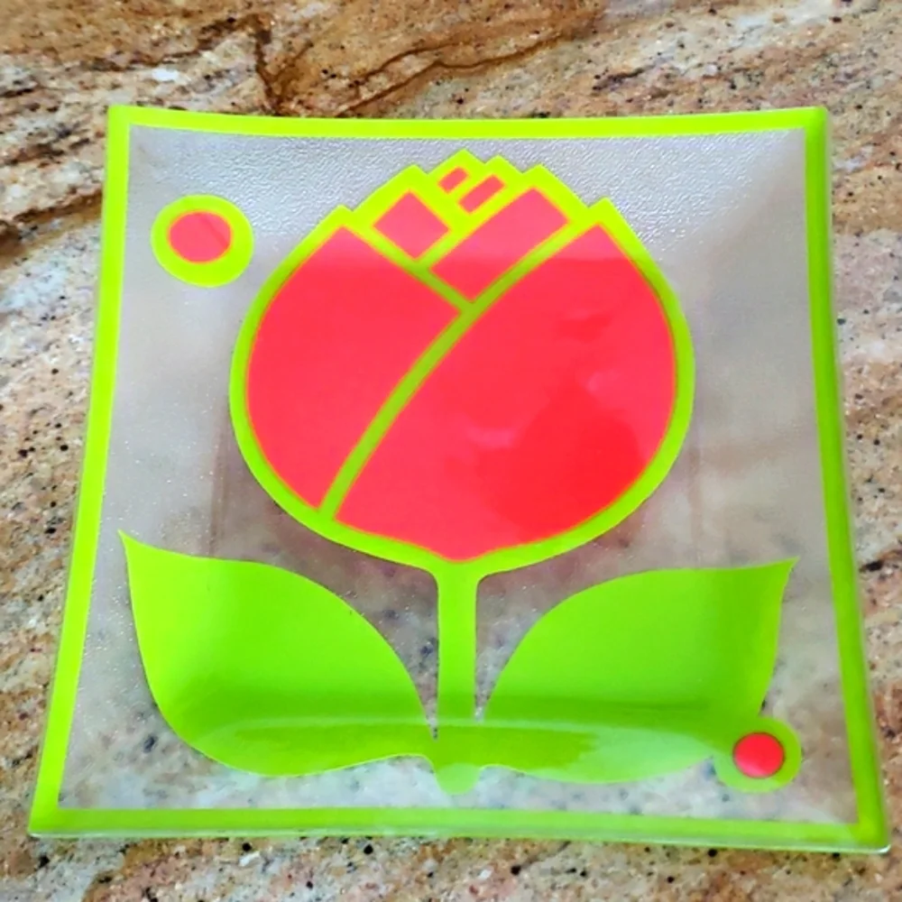 VTG 60S COLONY Glass Red Tulip & Green Leaf Clear Glass Square Serving Dish